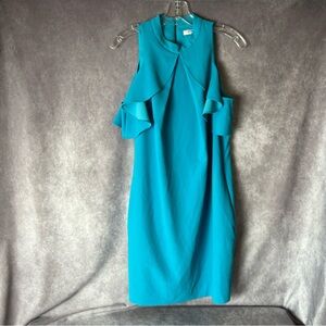 Trina Turk Teal Crepe Ruffle Sleeveless Sheath Dress Open Back Size 6